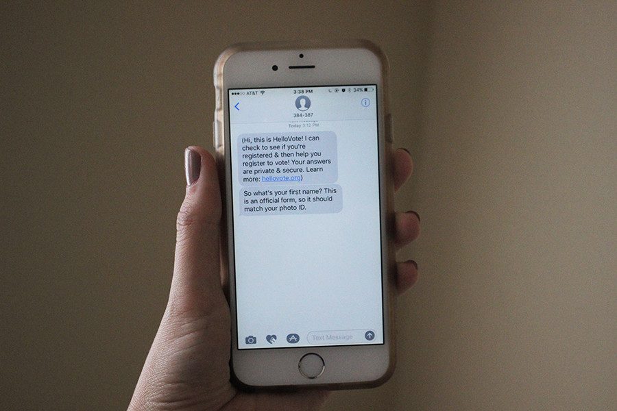 A phone using the HelloVote service to register to vote.