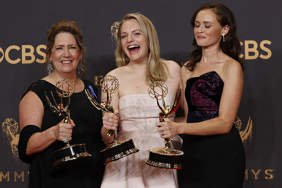 Ann Dowd, Elisabeth Moss, and Alexis Bledel of The Handmaid Tale in the Trophy Room at the 69th Primetime Emmy Awards at the Microsoft Theater in Los Angeles Sept. 17. 