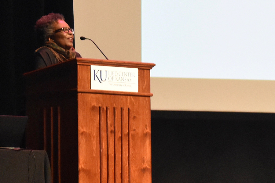 Claudia Rankine, author of "Citizen: An American Lyric" speaks in front of a crows in a KU lecture hall Sept. 7. 