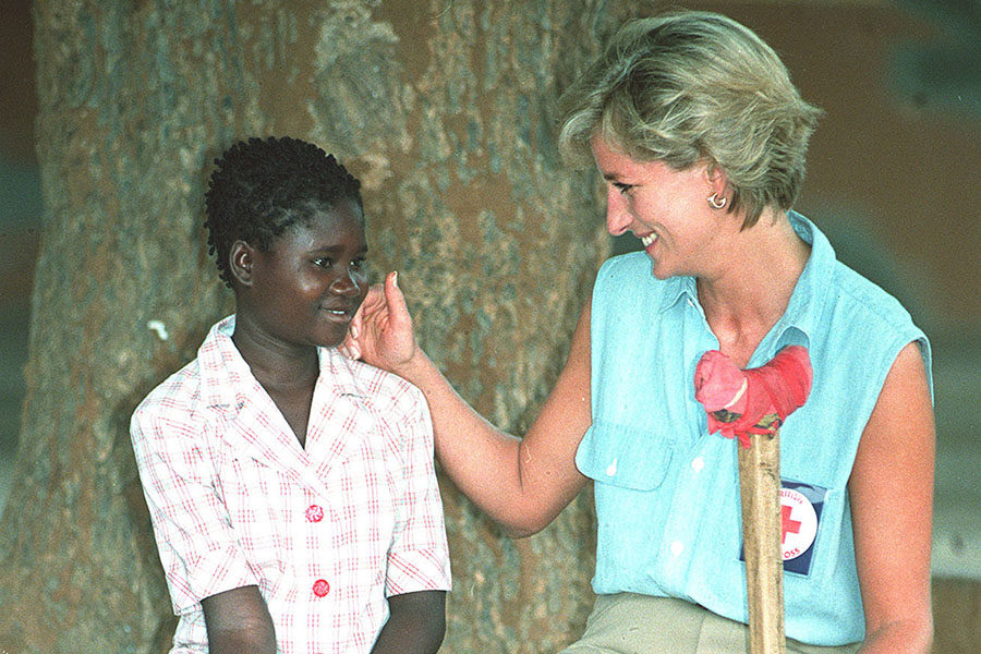 Diana, Princess of Wales, with Sandra Tigica, 13, at the orthopaedic workshop in Neves Mendinha, near Launda, Angola Jan. 14, 1997. 