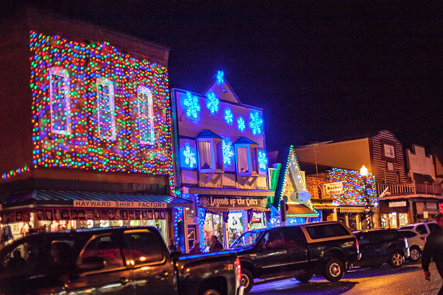 Main Street of Hayward, Wisconsin lit for the annual "'Lure' of Lights," a holiday celebration put on by the town.