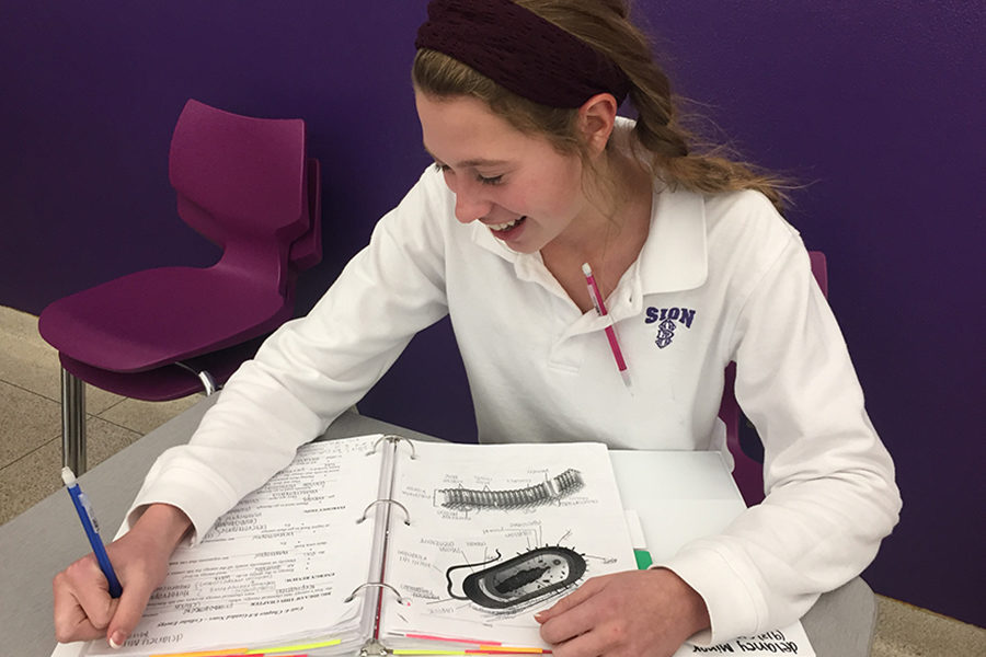 Freshman Delaney Minor studies for her biology final out of her finals binder. 