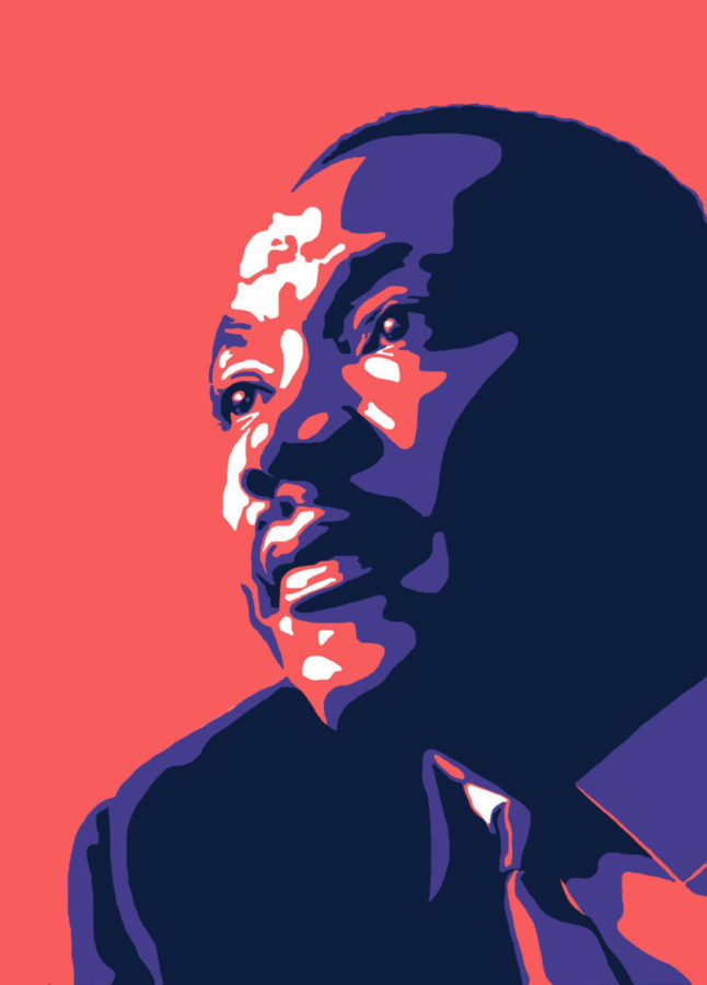 Illustration of Dr. Martin Luther King Jr. with text from his 1965 speech on voting rights; King delivered his speech, "Our God Is Marching On," after the march from Selma, Ala., to Montgomery, Ala., in an effort to guarantee voting rights for all Americans. 