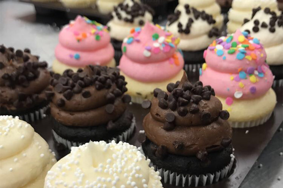 Frosting mini cupcakes is one of the duties of senior staff member Olivia Dopheide's job at Gigi's Cupcakes.