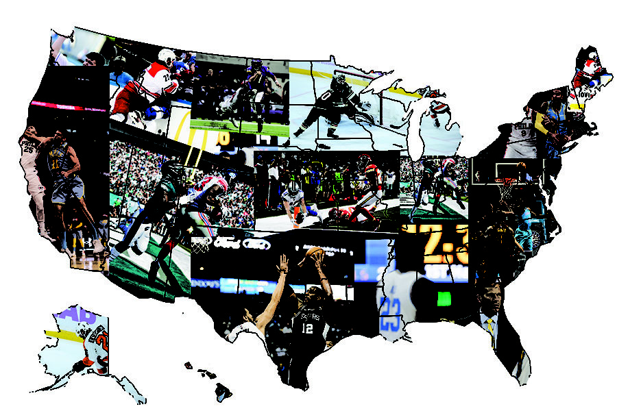 An illustration of the United States made up of pictures from professional sport teams across the country.