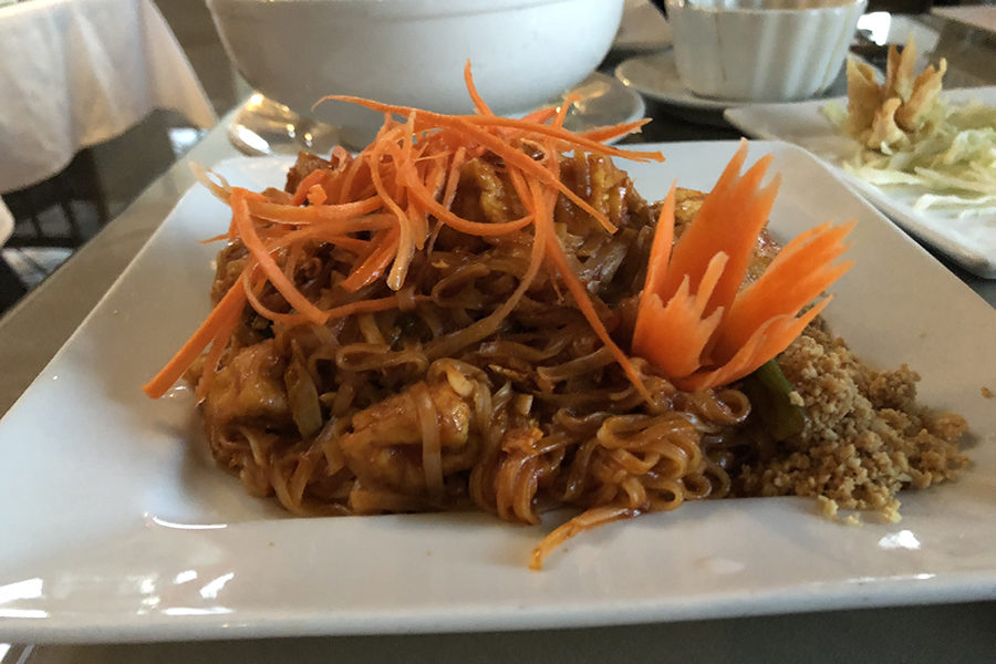 The pad thai entree which included carrots and crushed peanuts as toppings.