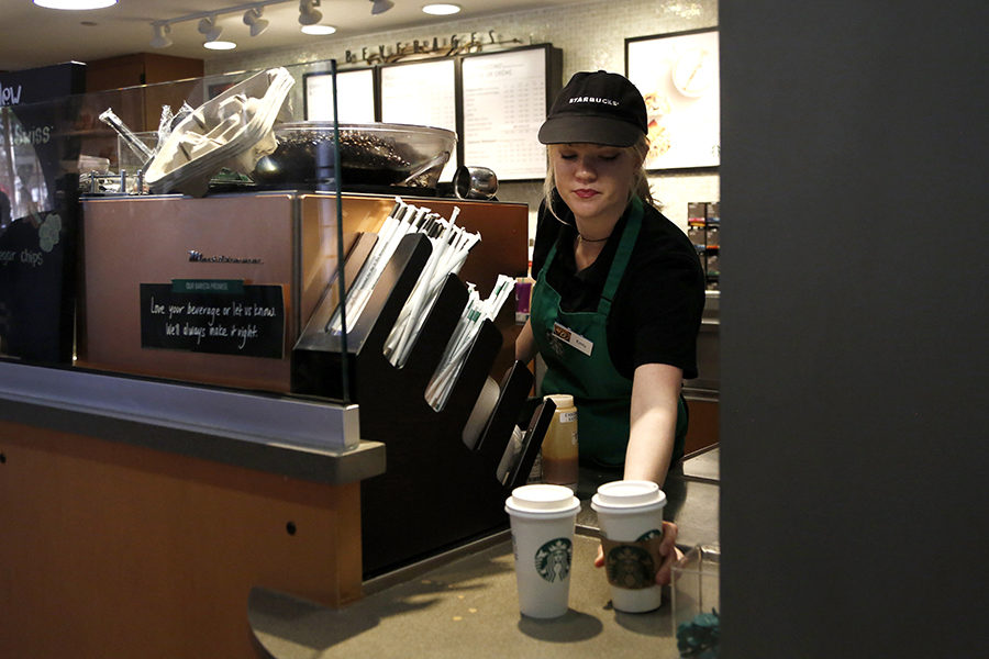 A Starbucks barista at the Warner Brothers Studio lot in Burbank, California, in February 2017. 