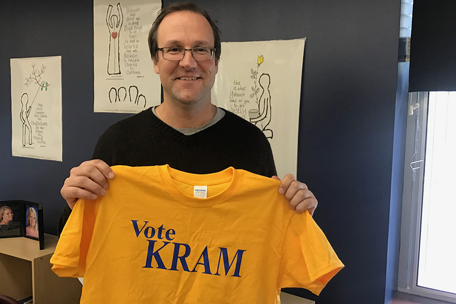 Theology teacher Paul Kramschuster created shirts for his school board campaign.