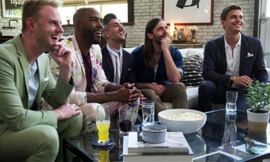 The Fab Five watch a recap video on one of their candidates in their loft in Atlanta, GA.