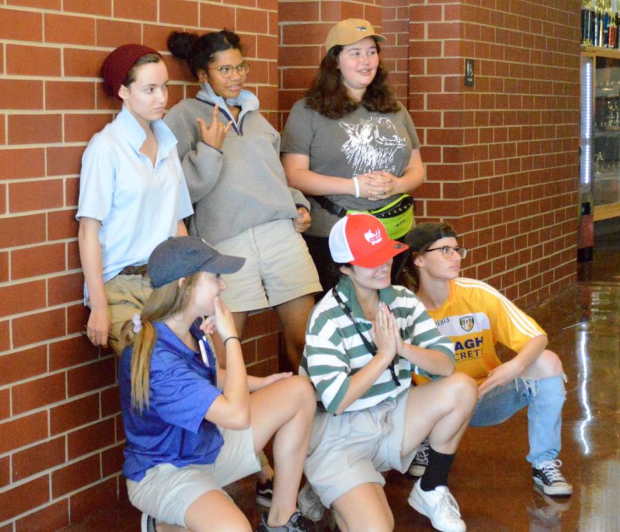 Seniors Mary Kelly Shevlin, Gwyn Powell, Grace Hopewell, Savannah Childress, Caroline Hunter and Rachel Bennett pose for a picture in the Grande Salle Sept. 17. The spirit week theme of the day was Sion School for Boys.