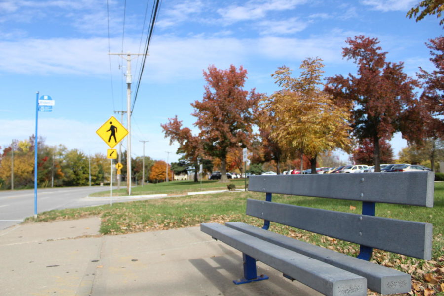 The bus stop near campus which is the proposed spot for the Blessings Box.