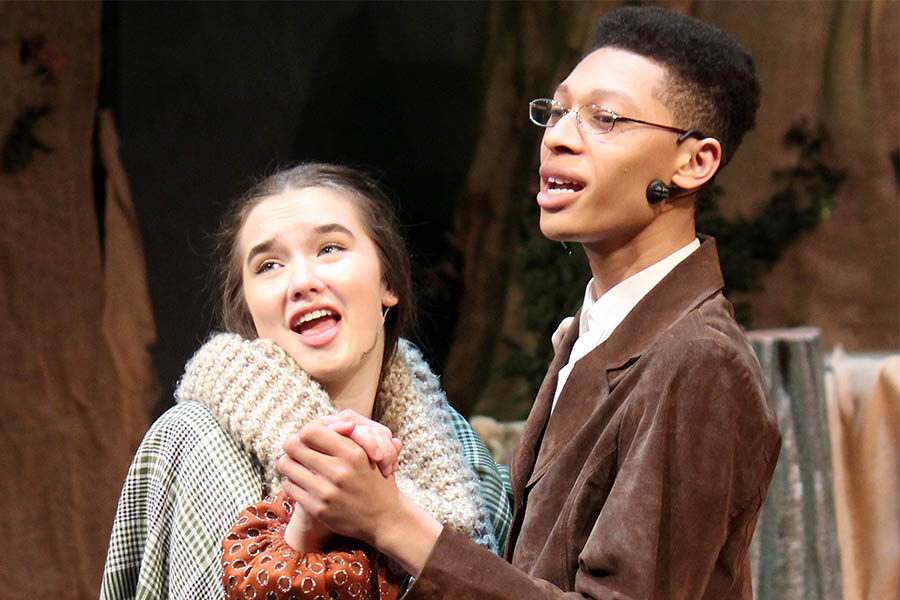 Junior Peyton Wade as the baker’s wife sings a duet with Central High School junior Sheridan Mirador, the baker, during the dress rehersal for Into the Woods, Jan. 26.