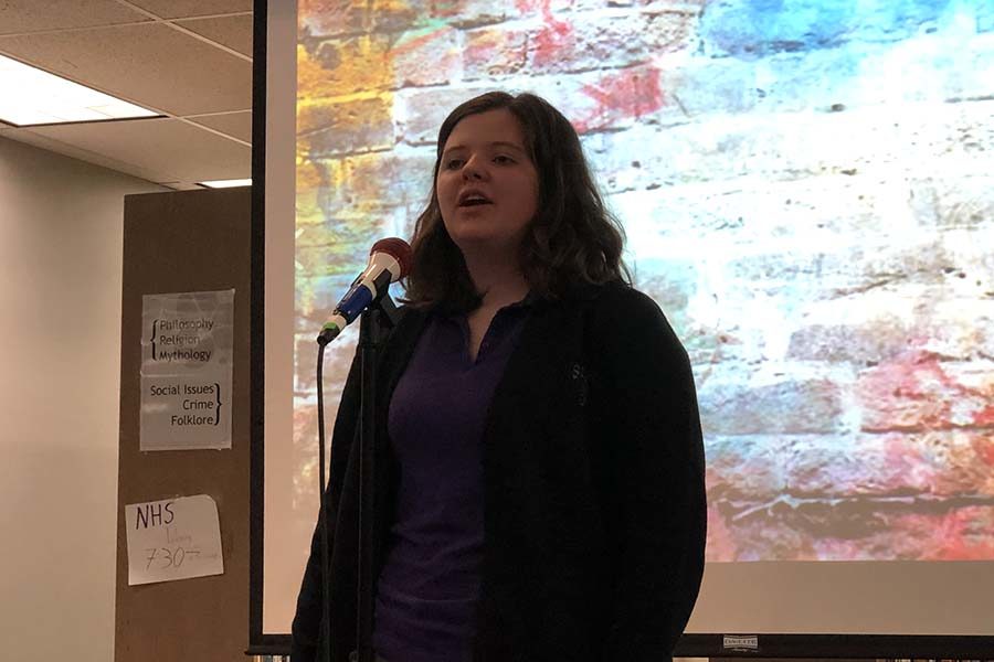 Sophomore Mattie Mills recites “Ode to the Midwest” by Kevin Young at the Poetry Out Loud competition Jan. 8.