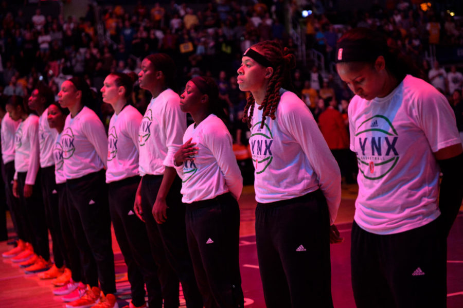 The Minnesota Lynx stand for the national anthem without their arms crossed for the first time before game four of the WNBA Finals on Sunday, Oct. 1, 2017 at Staples Center in Los Angeles, Calif. (Aaron Lavinsky/Minneapolis Star Tribune/TNS)