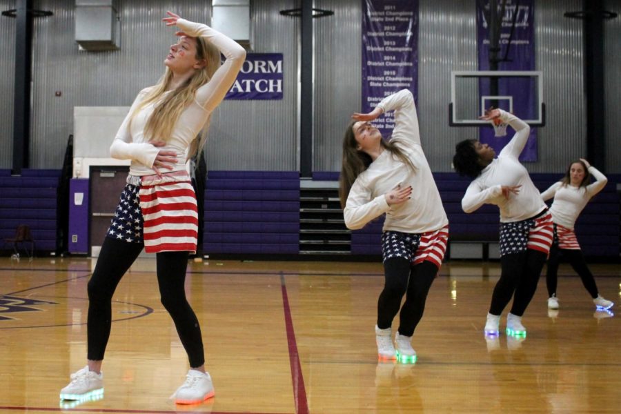 During Sion Olympics Mar. 7, Senior Class President Sarah Tappan performs during the senior Stuco dance. All of the classes’ Stuco’s choreographed a dance to perform. The seniors were voted the best dance by a panel of judges.