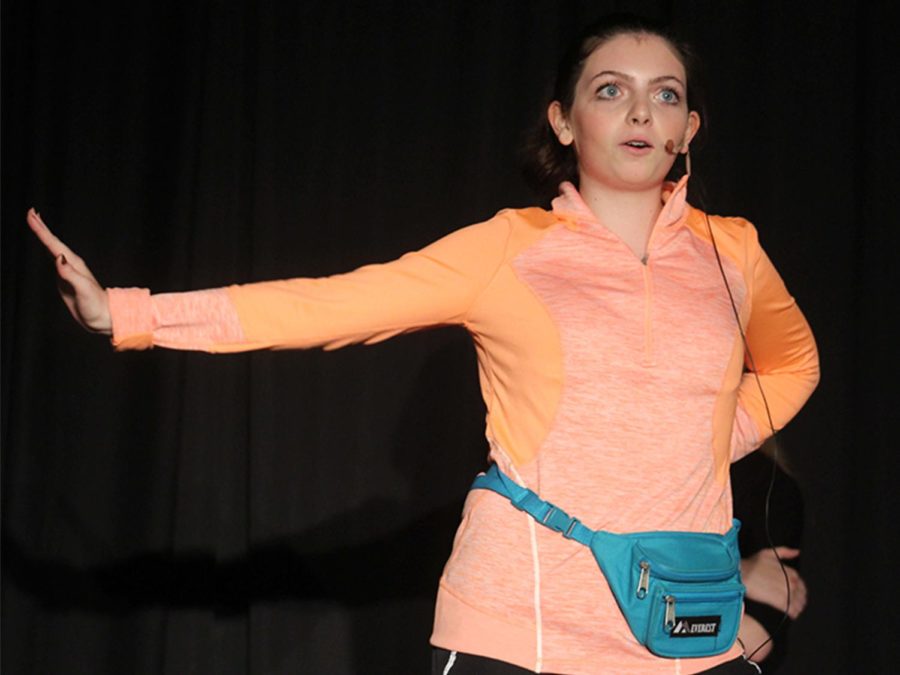 Freshman Olivia Mancina performs in an improv skit in Night of One Acts Oct. 3.