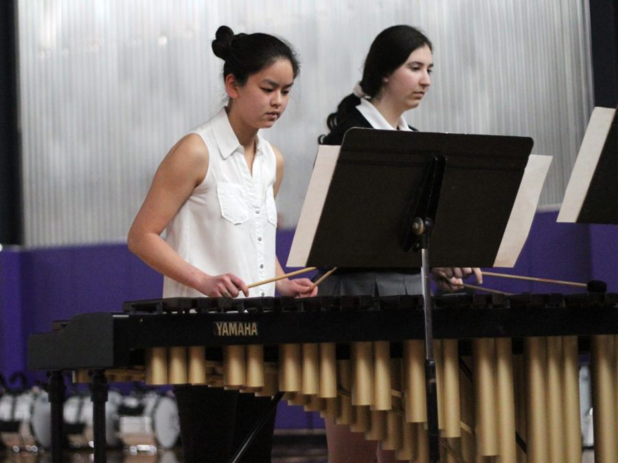 In the talent showcase during Fine Arts Week, senior Sarah White and junior Ceresa Munjak-Khoury play “Under the Sea” from Disney’s “The Little Mermaid” April 25.