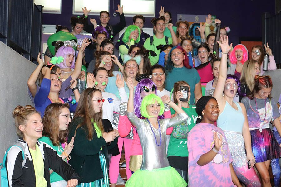 Senior peer ministers posed for a group picture in the Grande Salle Sept. 10, following this year's first peer ministry lunch. For the second day of Spirit Week, students dressed in Area 51-themed costumes. 