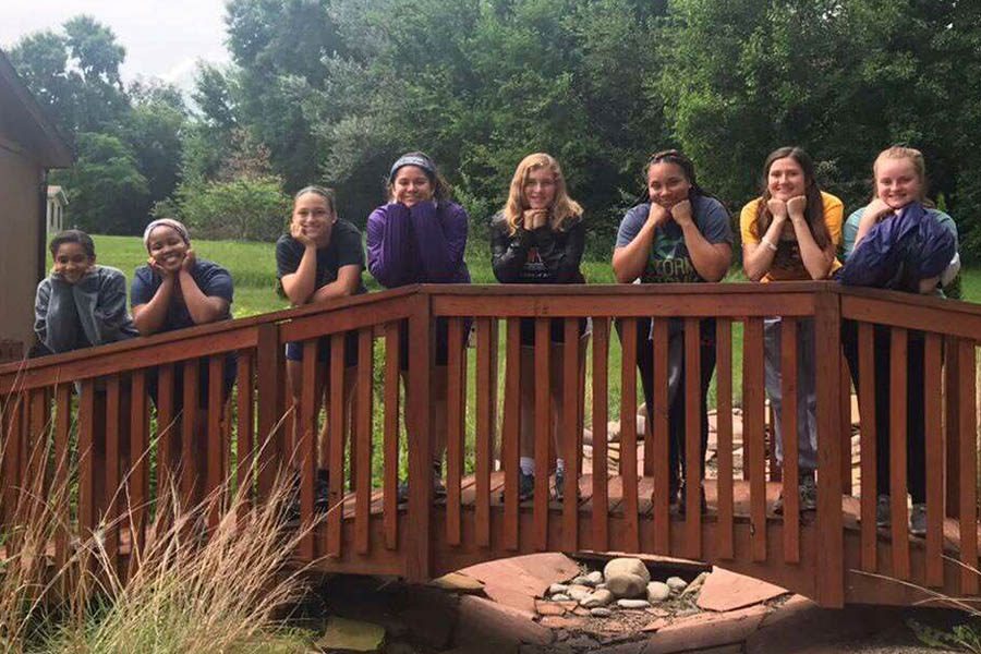 Sophomore Iman Hollins, sophomore Tyra Frazier, junior Annabelle Miller, junior Genevieve Klobe, sophomore Juliana Nelson, senior Tehya Frederick, senior Gresha Burton and senior Iris Evans traveled with theology teacher Polly Holmes to Winnebago, Nebraska for a service trip this past summer. This trip marked Frederick's second year visiting the Winnebago community. 