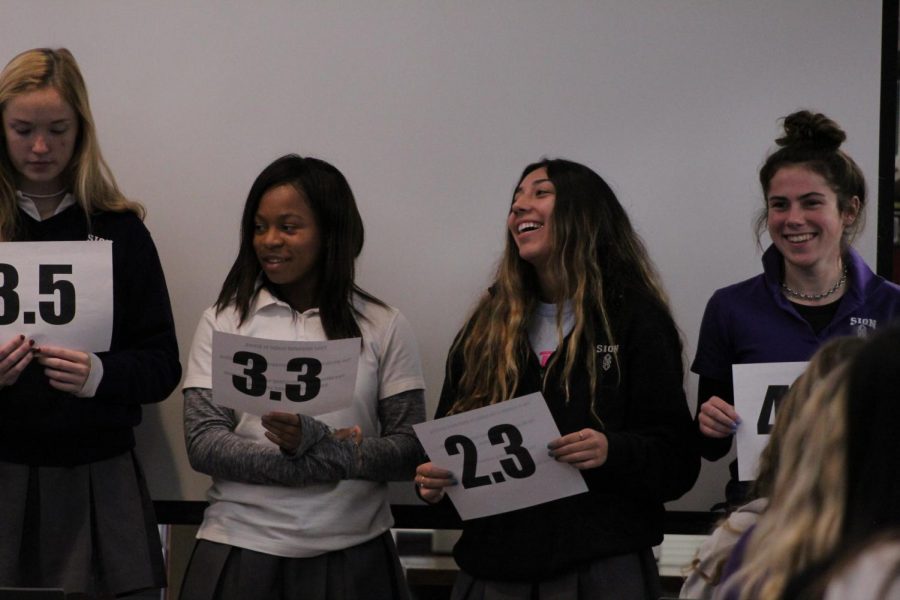 Juniors Laila Foy, Bella Aquino and Kennedy Ruark participate in a college admission game led by Drake representative Evan Favreau Nov. 14.