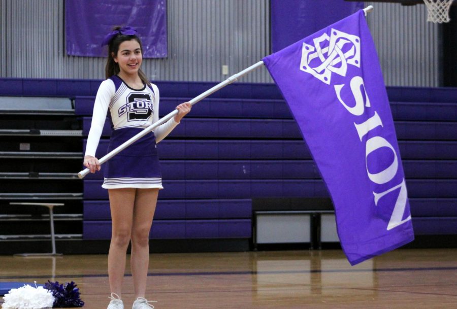 As the cheer team chants, freshman Paige Castillo waves the school flag for all to see during the pep assembly Friday, Nov. 22.