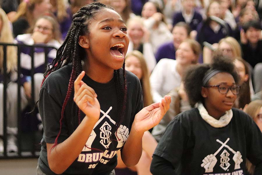 Freshman Makaila Traylor  screams for her classmate in a game of blindfold musical chairs during the pep assembly Friday, Nov. 6.