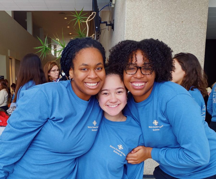 Seniors Munachi Okuagu, Paula Sweeny, and I pose for a picture on the final day of Kairos.