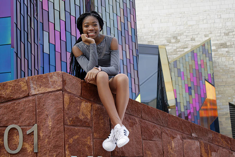 Freshman Makaila Traylor poses at Prairiefire in Overland Park, Kansas wearing her competition outfit. Traylor dances as a majorette with Sassy Divas.