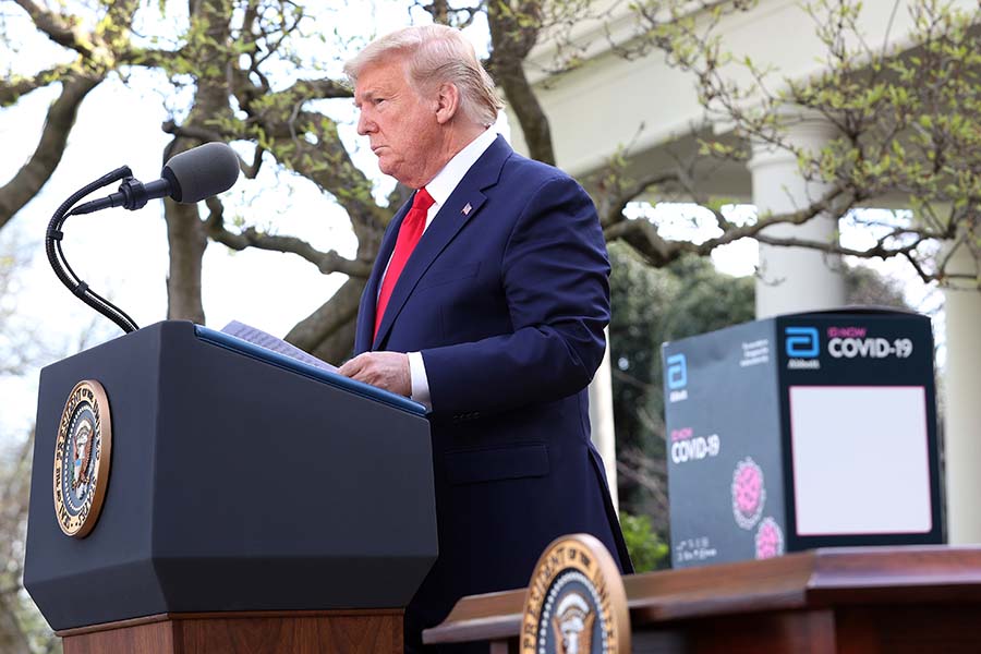 President Donald Trump speaking during a press briefing on March 30 relating to the extended stay-home order. 