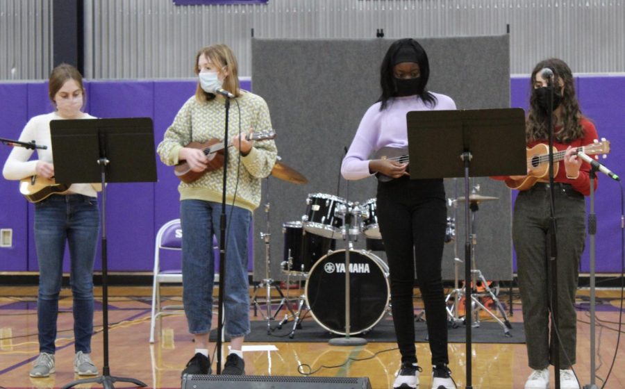 The Ukulele Club performs "Someone You Loved" by Lewis Capaldi at the Tri-M recital on April 7.