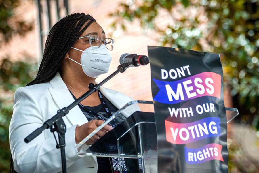 U.S. Rep. Nikema Williams speaks out in support of the For the People Act and the John Lewis Voting Rights Act at the March on Atlanta for Voting Rights on Aug. 28. 