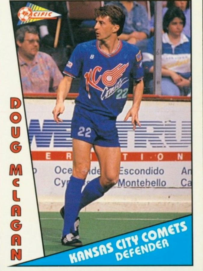 Doug McLagan's trading card for the Kansas City Comets shows him defending in action. 