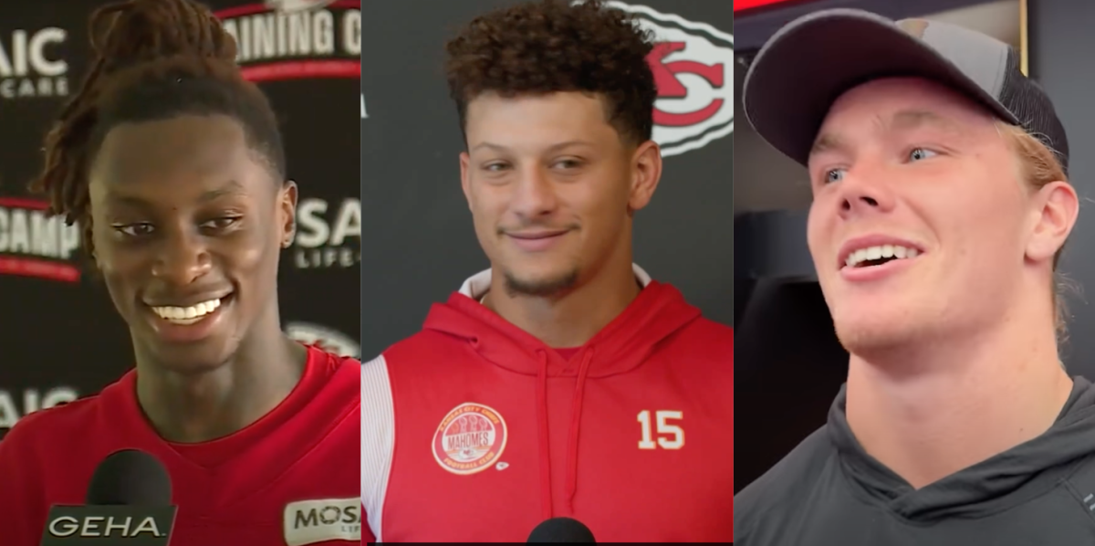 (From left to right) Xavier Worthy, Patrick Mahomes, Carson Steele