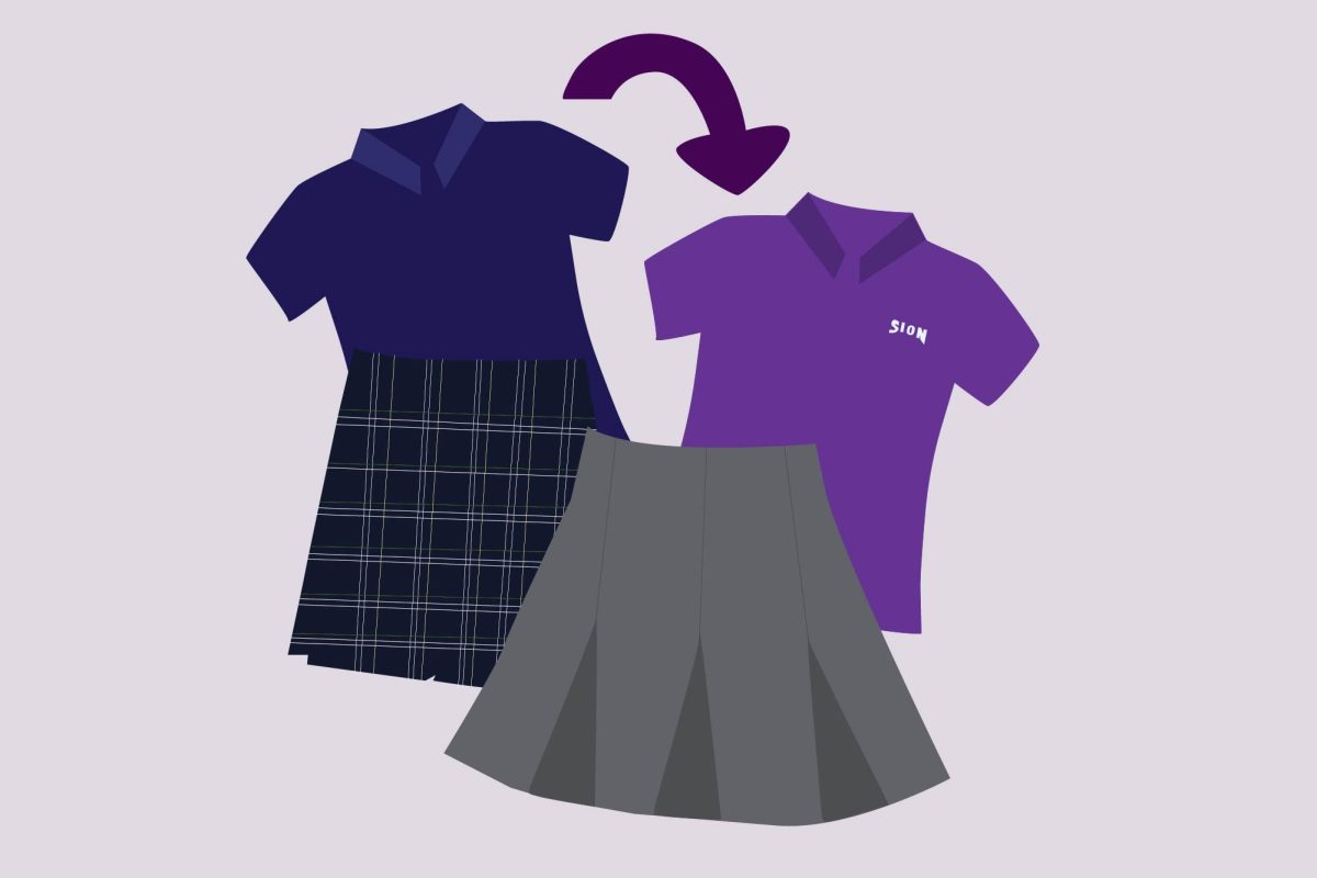 Digitally illustrated graphic depicting St. Ann's grade school uniforms and Sion's uniforms.