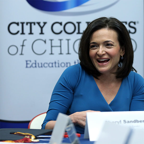 Sheryl Sandberg, shown at the City Colleges of Chicago graduation, advocates for gender equality in the workplace as part of the third wave of feminism.