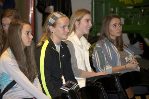 Freshmen Melissa Hamilton and Catherine Dehaemers, and juniors Katie Pendergast and Abby Hamilton enjoy Sion Family Spirit Night held at the Roasterie Dec. 3.