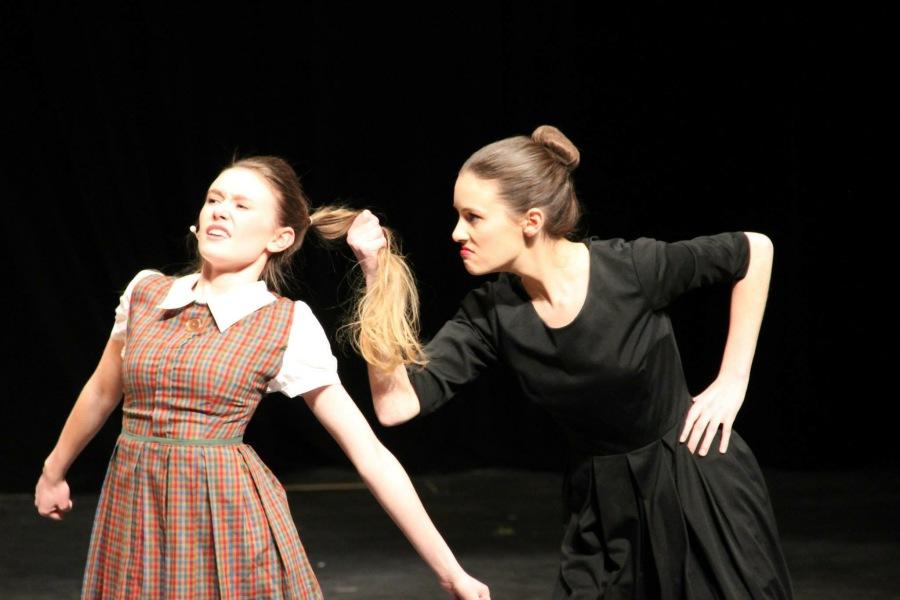 During the Hairspray musical, Prudy Pingleton (Natalie Sopyla), scolds her daughter, Penny (Anna Redmond) for hanging out with her secret crush, Seaweed. 