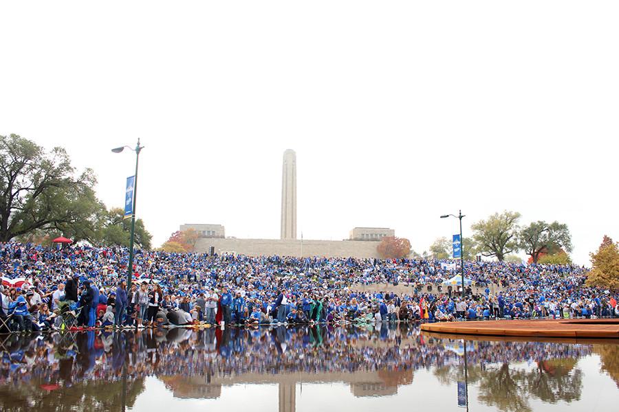 Royals fans gather at Union Station for the rally, the crowd already extending to the World War I memorial at 10:30 a.m.