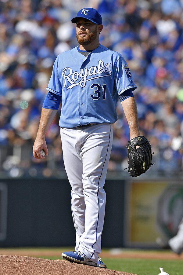 Kansas City Royals pitcher Ian Kennedy looks off into the crowd after Cleveland Indians catcher Yan Gomes hits a two-run home run in the third inning Oct. 2