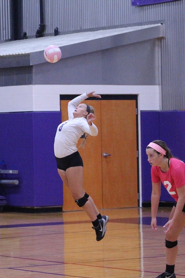 Junior Allie Weinrich jump serves during the second set.