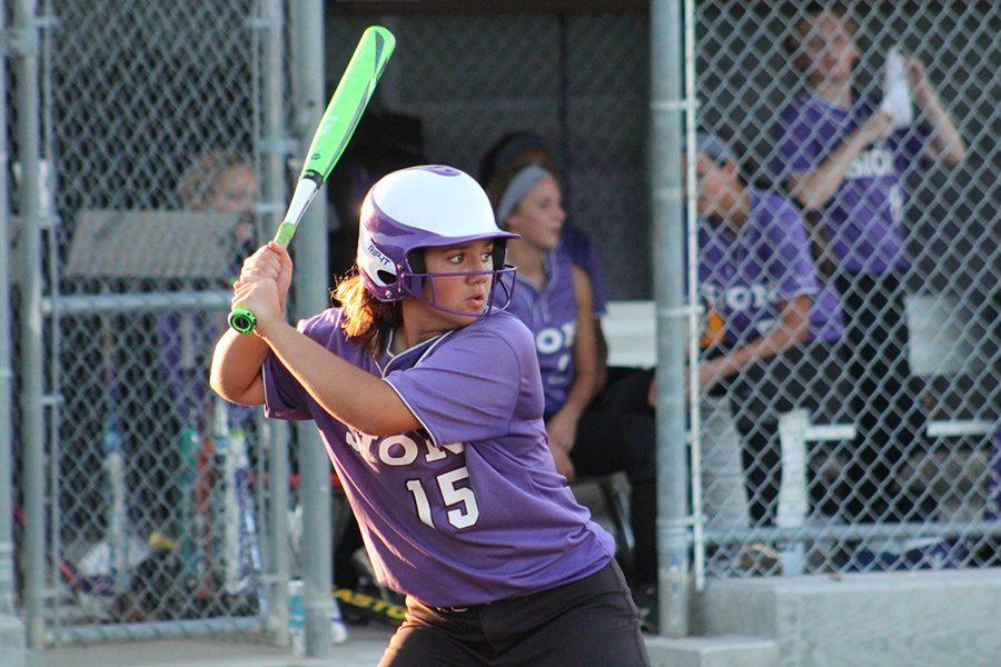 Freshman Maya Bair focuses in on the pitcher before her hit.