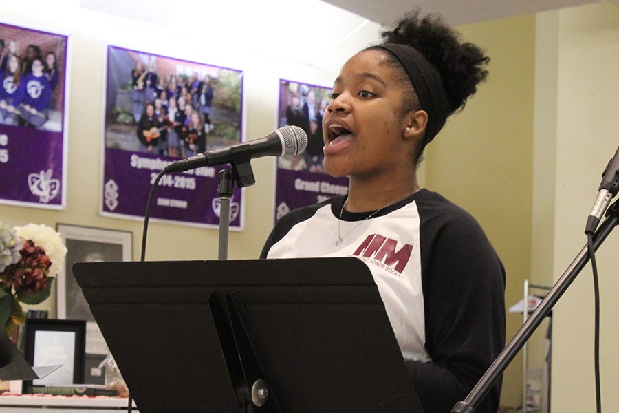 Sophomore Skhy’line McDonald performs an original rap. 