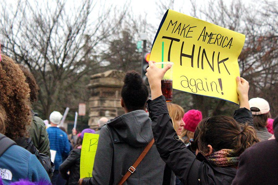 A protestor in Washington D.C. holds a sign in protest during the Women's March. The march in Kansas City was an extension of the main march in Washington D.C. 