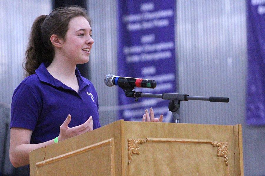 Sophomore Ava Rawson speaks to the student body, hoping to gain their vote for Executive Vice President. Rawson will be the Executive Vice President for the 2017-2018 school year.