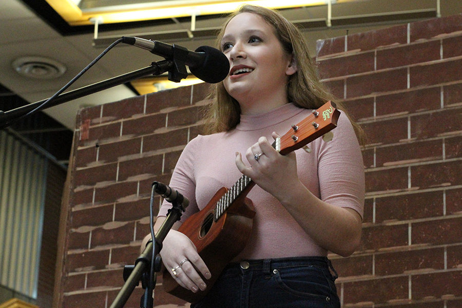 Senior Lilia Nicholson sang an original song for her coffeehouse performance in the New Grande Salle. 