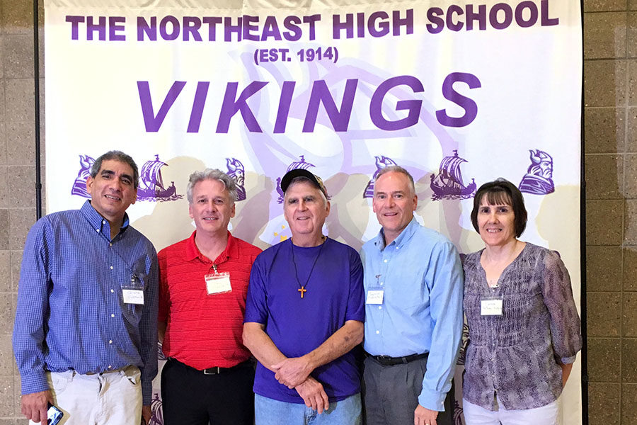 Jerome Gusman, Gary Wheeler, Coach Ray Wade, Reynold Middleton and Debbie Harter pose for a photo at Northeast High School Oct. 7 during the hall of fame induction ceremony.