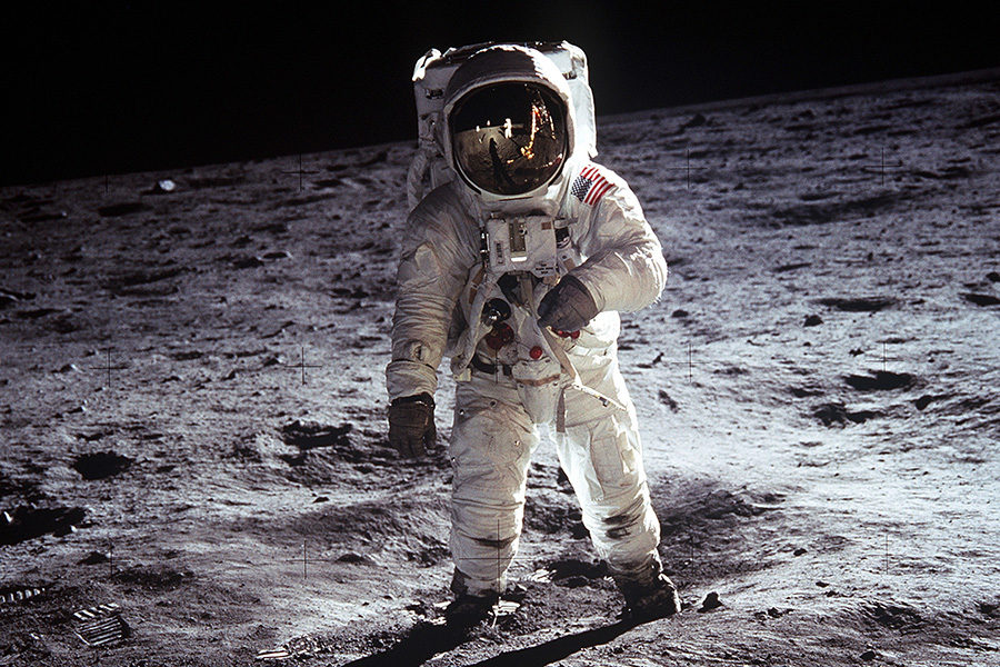 Astronaut Buzz Aldrin poses for a picture standing on the moon during Apollo 11.