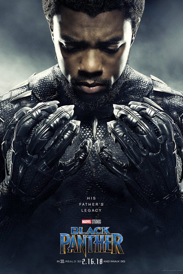 The movie poster advertising the movie “Black Panther.”