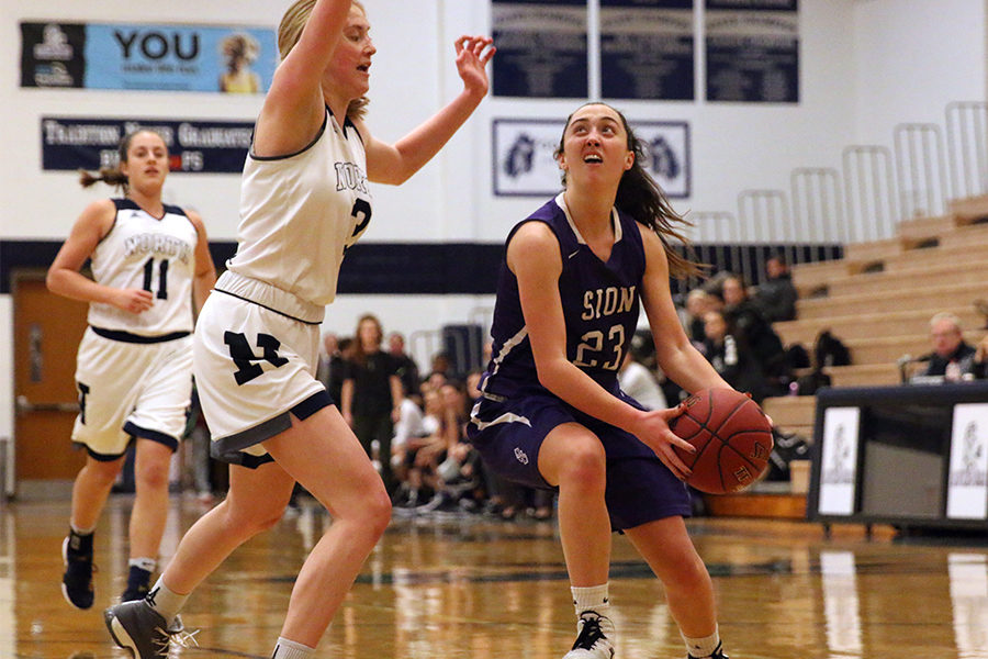 During the MOKAN basketball tournament, senior Meghan Frerking goes up for a layup while being guarded by Blue Valley North junior Kayley Cassaday. The storm lost the game 53-59 and played Staley High School in the third game of the tournament to win 45-33 and place third overall in the tournament.