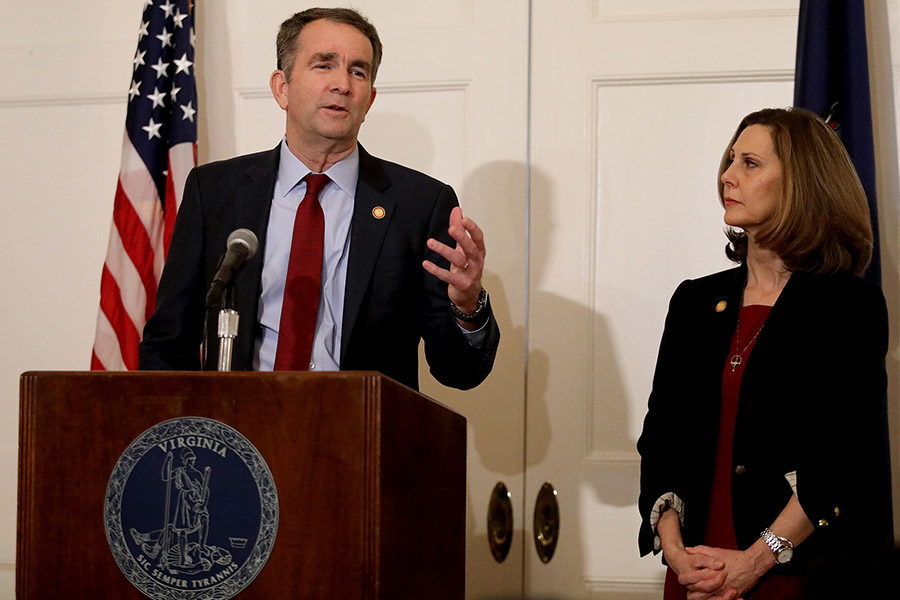 Virginia Gov. Ralph Northam, with his wife Pam at his side, said at a news conference in the Executive Mansion on Saturday, Feb. 2, 2019, that he is not the person in the racist photo in the EVMS yearbook and he will not resign. (Steve Earley/Virginian Pilot/TNS)